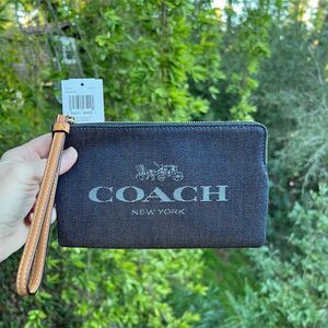 COACH Large Corner Zip Wristlet Women's Denim Clutch Bag Classic Blue Zip-Top